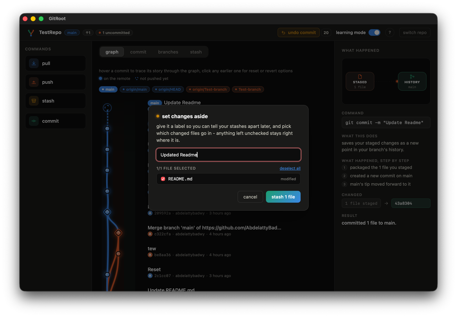 the stash dialog with a label and per-file checkboxes